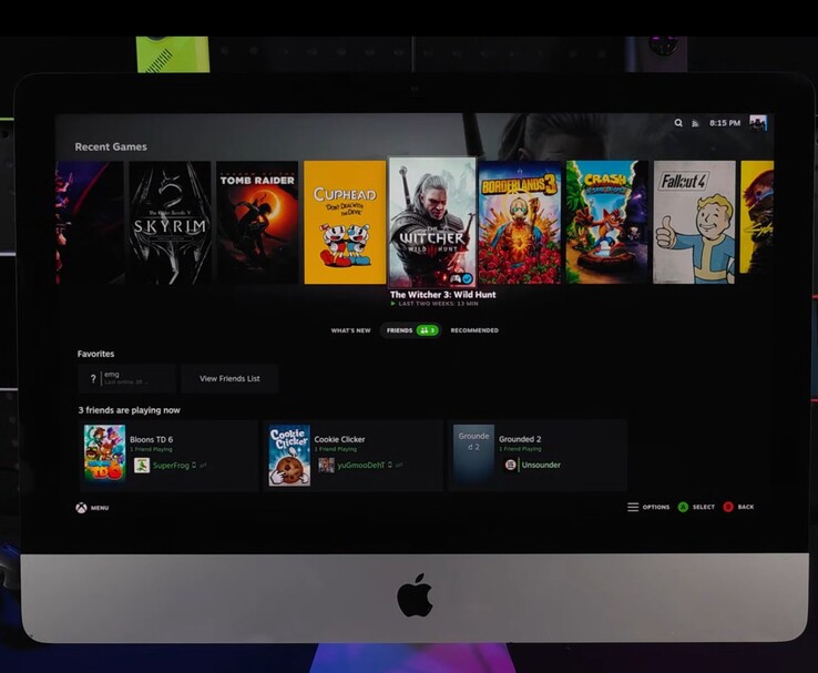 在 2019 iMac 上运行的 SteamOS 显示游戏库界面，其中包括《Witcher 3 》、《Cuphead》、《辐射 4》和《天际》等游戏。(图片来源：YouTube 上的 ETA PRIME）