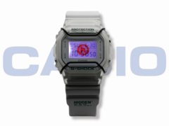 卡西欧 G-Shock x Hidden NY DW5600HDN257 手表(如图)上的定制标志通过 LED 背光发出橙色光芒。(图片来源:卡西欧)