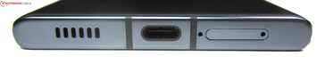 底部：扬声器、USB-C 3.2 Gen 1和SIM卡插槽