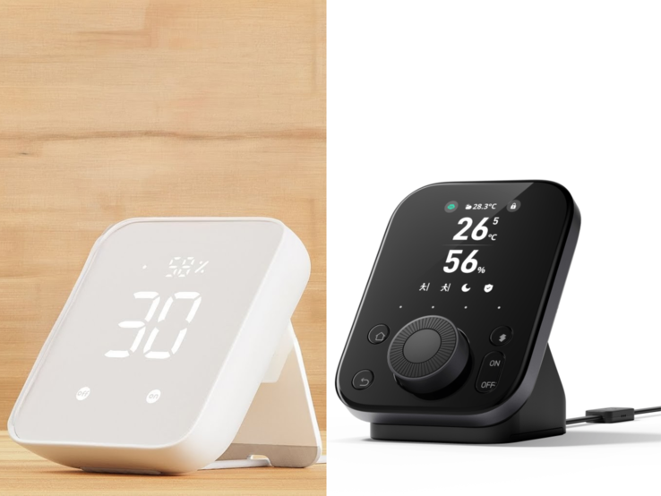 SwitchBot Hub 3（图右）是第二代 SwitchBot Hub（图左）的全黑升级版，配备了更好的显示屏、一个表盘和四个按钮。(图片来源：SwitchBot）