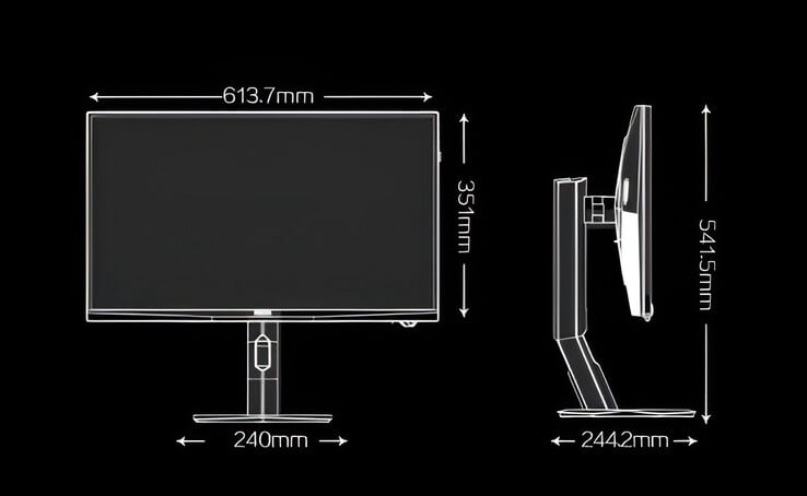 图片展示了最近推出的 AOC Agon AG277UX 游戏显示器的尺寸。 