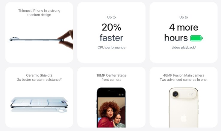 新款 iPhone Air 的电池使用时间和相机功能。(图片来源：Apple)