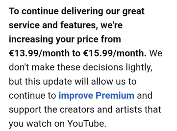 YouTube Premium个人套餐涨价通知邮件
