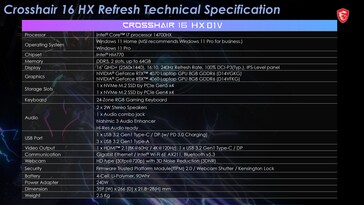 微星 Crosshair 16 HX - 规格。(图片来源：微星）