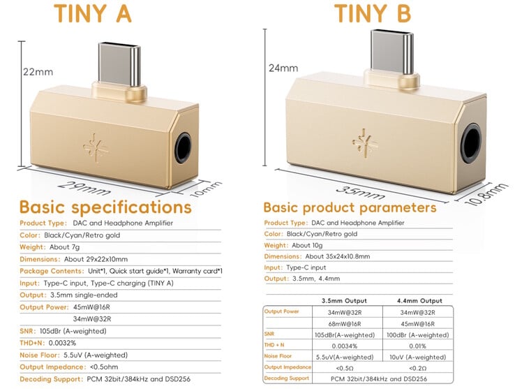 FiiO Snowsky Tiny 有两种型号，一种带有 USB-C 充电端口和 3.5 毫米插孔，另一种带有 3.5 毫米和 4.4 毫米插孔。(图片来源：FiiO）