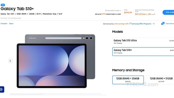 Galaxy Tab S10+ 将配备 12.4 英寸显示屏。(图片来源：三星通过 Ytechb 提供）