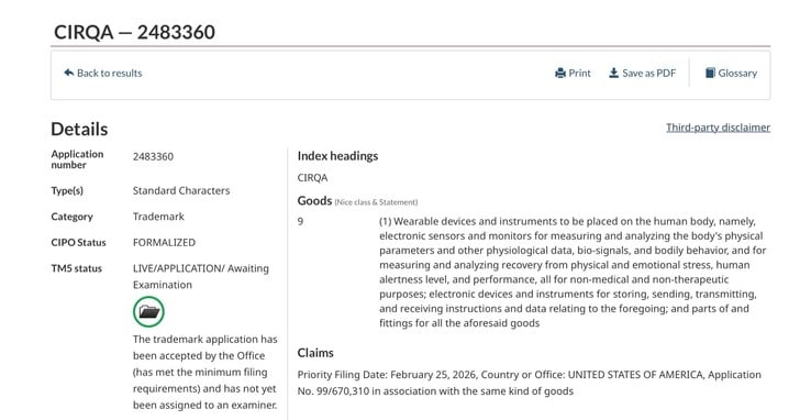 Garmin CIRQA 专利号 2483360,由加拿大知识产权局(CIPO)授予