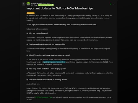 NvidiaGeForce Now Reddit 更新帖子（图片来源：GeForce Now Reddit）