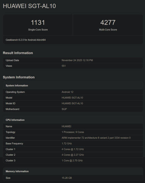 麒麟 9030 Geekbench 首次亮相(图片来源:Geekbench)