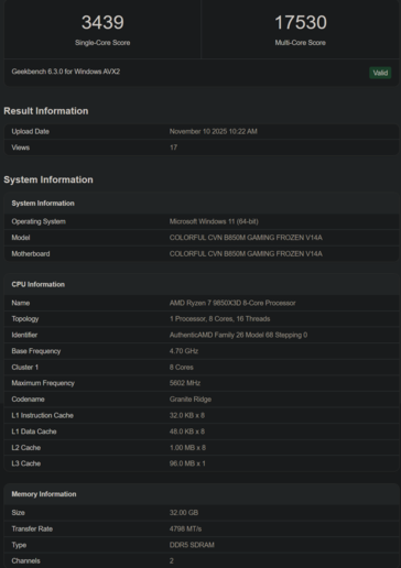 Ryzen 7 9850X3D Geekbench List 2（图片来源：Geekbench）