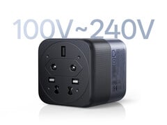 Ugreen X575 充电器具有宽电压范围兼容性。图为:一张展示适配器底部的宣传图片。
