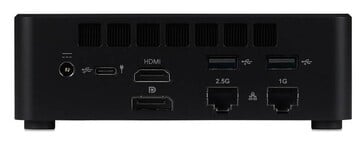 iiyama 迷你电脑的后视图,展示 HDMI、DisplayPort、USB、以太网和电源接口