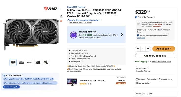 图片显示了RTX 3060的新产品信息,具体为配备12 GB显存的MSI Ventus RTX 3060,售价为329美元。
