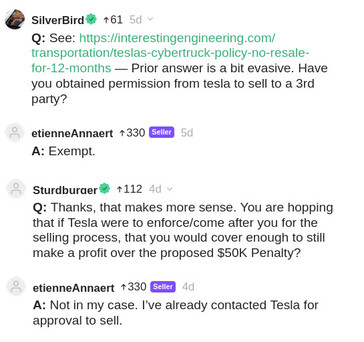 Cars &amp; Bids Cybertruck 的卖家在评论中解释说，他获得了特斯拉的豁免，可以将他的 Cybertruck 卖给第三方。(图片来源：Cars &amp; Bids）