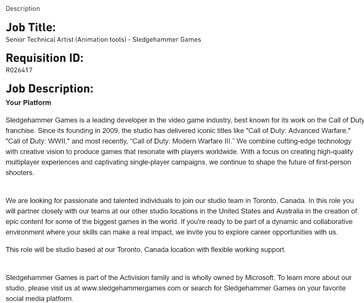 大锤游戏公司(Sledgehammer Games)的《使命召唤》招聘广告(图片来源:截图,Activision Careers