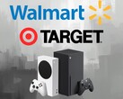 沃尔玛和 Target 的标志显示在 Xbox 游戏机上方(图片来源:沃尔玛、Target、Xbox Wire,有编辑)
