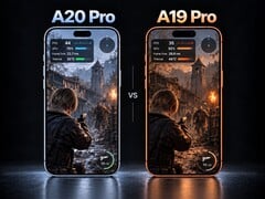A20 Pro 和 A19 Pro 并排展示,画面中运行《生化危机4 重制版》游戏并显示性能指标