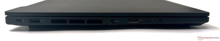 左边：Kensington锁插槽，USB 3.2 Gen2 Type-A，DC-in，HDMI 2.1输出，2x Thunderbolt 4