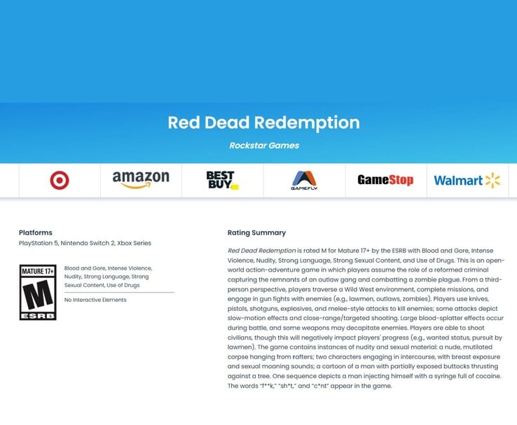 Red Dead Redemption》的 ESRB 评级页面显示了 "Mature 17+"标签、列出的平台和详细内容摘要（图片来源：ESRB）