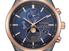 Citizen BY1036-53L Eco-Drive 月相腕表的特写镜头:蓝色表盘、玫瑰金调表圈、黑色不锈钢表壳,6点钟位置设有指针式月相显示