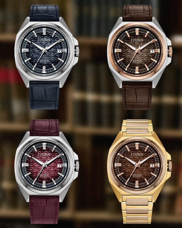 从上到下依次为:Citizen Series 8 831 限量版自动腕表,颜色分别为海军蓝、棕色、酒红色和焦橙色。
