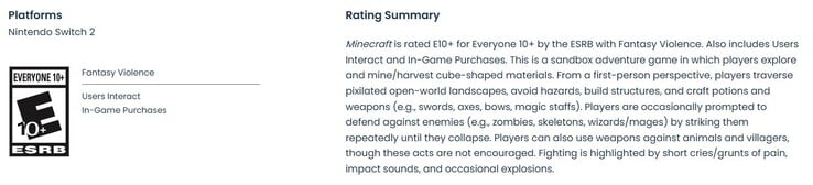 威廉与魔兽》Switch 2 移植版的 ESRB 评级。