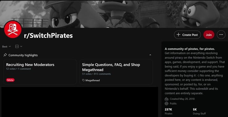 所示为 Switch 盗版子论坛（图片来源：截图，r/SwitchPirates）
