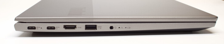 左边：2个USB Type C，带PowerDelivery和DisplayPort；HDMI，USB Type A（3.2 Gen 1）；3.5毫米耳机