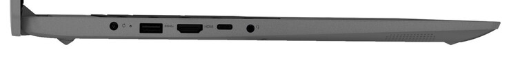 左边：电源接口、USB 3.2 Gen 1 (USB-A)、HDMI、USB 3.2 Gen 1 (USB-C; Power Delivery, DisplayPort)、3.5毫米组合音频插孔