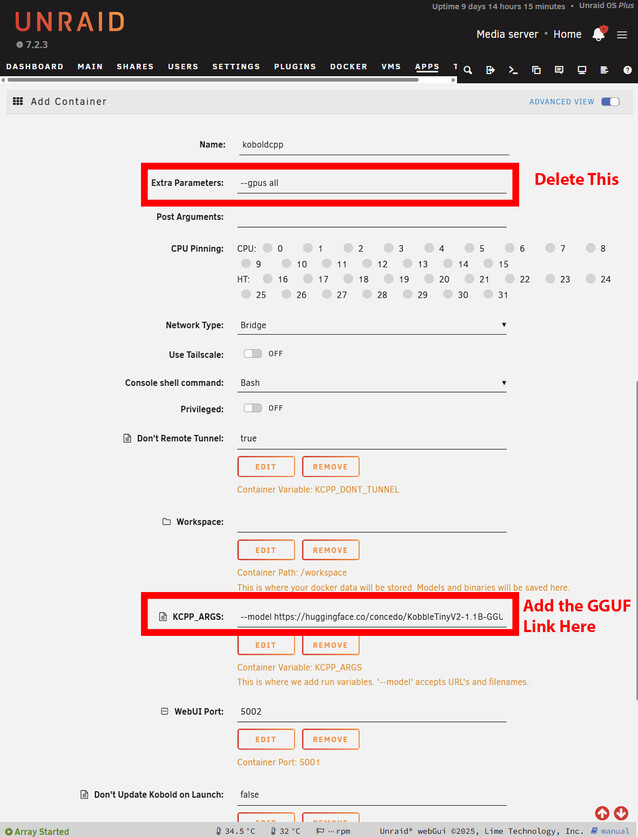 Unraid docker 模板只需做两处改动即可启动。如果运行时没有 GPU，请移除 GPU 标志，并粘贴 Huggingface 中的 GGUF 文件链接