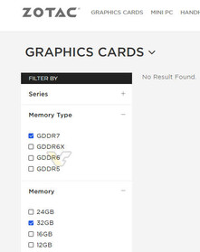Zotac 网站上的 VRAM 过滤器（图片来源：Videocardz）