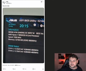 据报道，X 帐户 @9550pro 分享的 BIOS 截图显示 AMD Ryzen 7 9850X3D 系统使用 32 GB DDR5-9800 内存运行（图片来源：@9550pro / X）