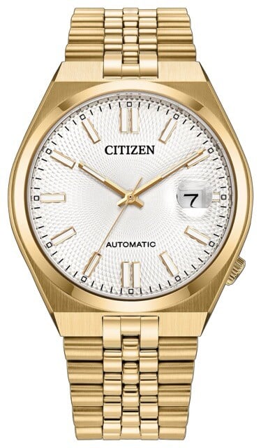 Citizen Tsuyosa 60 自动腕表,配有镀金不锈钢表壳和Jubilee风格表链,白色扭索纹表盘,以及放大日期视窗。