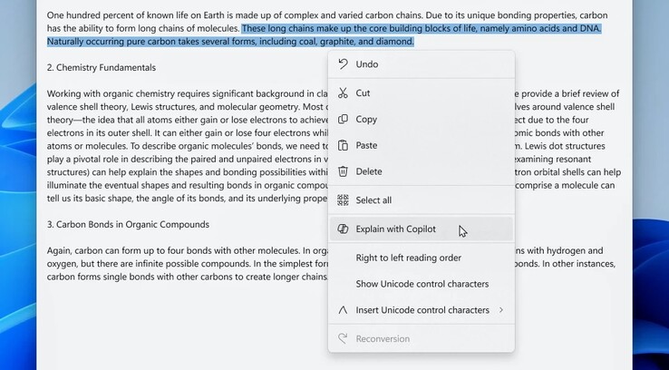 记事本 11.2401.25.0 版截图。可从右键菜单直接触发 Copilot。(Windows博客）