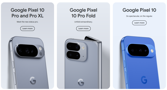 Pixel 10 系列。除折叠外，标准版 Pixel 10 和更小的 10 Pro 在构造和规格上几乎完全相同，但价格却相差 200 美元（图片来源：谷歌）
