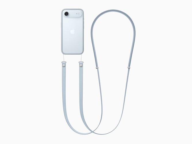 浅蓝色 iPhone Air 斜挎包背带。（图片来源：Apple)