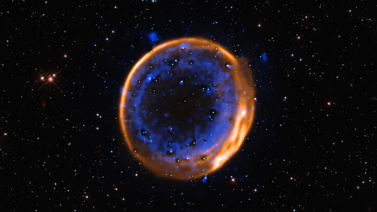 VLT 看到的双引爆超新星 SNR 0509-67.5 的图像。(图片来源：ESO/P：ESO/P.背景恒星（哈勃）：K. Noll et al.）