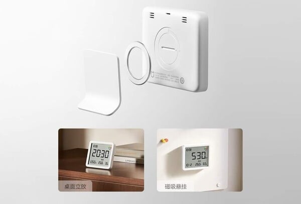 Xiaomi Smart Temperature and Humidity Monitor 3 Pro 配有金属支架和环形磁铁。
