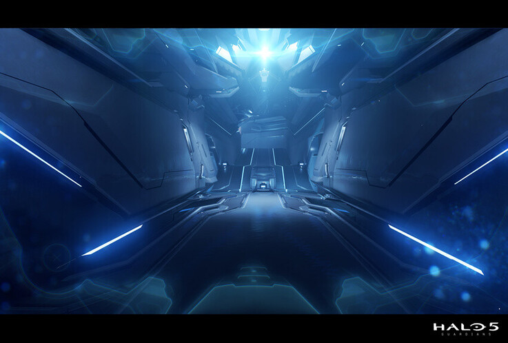 这个《光环 5:守护者》的走廊场景采用了鲜明的对称、发光点缀和深度透视,营造出时尚的未来主义氛围。