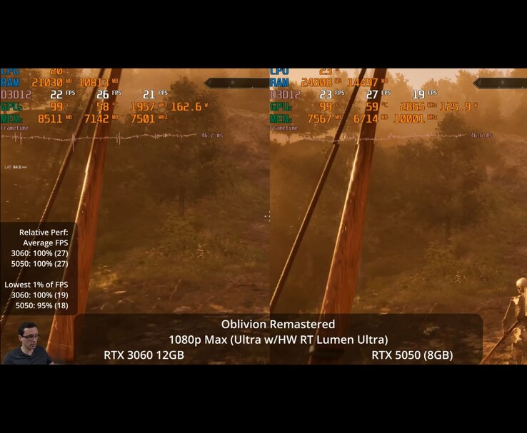 RTX 3060 12GB 和 RTX 5050，显示 FPS、GPU 使用率、内存和帧时间统计（图片来源：Daniel Owen）