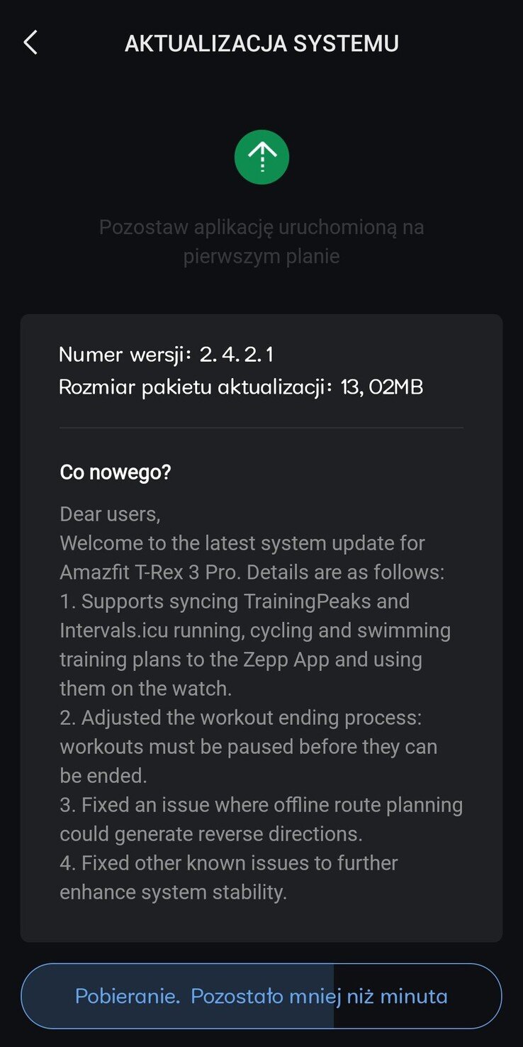 Amazfit T-Rex 3 Pro 智能手表 2.4.2.1 版软件的发布说明。(图片来源：Reddit）