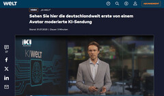 KI-Welt:Welt TV 推出德国首个完全由人工智能制作的新闻节目(图片来源:Welt TV)