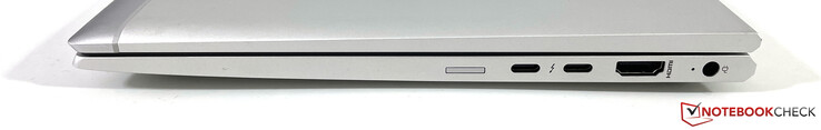 右边。纳米SIM卡，2个USB-C与Thunderbolt 4（USB 4, 40 Gb/s, DisplayPort 1.4, Power Delivery），HDMI 2.0b，电源