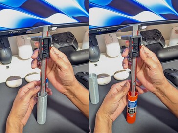 测量 3D 打印胶棒（左）和原始胶棒（右）之间更深的孔洞