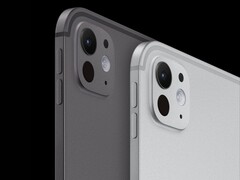 Apple 太空黑和银色的 iPad Pro M5，展示其纤薄机身和单后置摄像头。(图片来源：Apple)