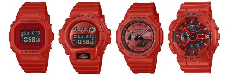 从左至右：卡西欧 G-Shock DW5600RRB-4、DW6900RRB-4、GA2100RRB-4A 和 GA110RRB-4A 手表。(图片来源：卡西欧，已编辑）