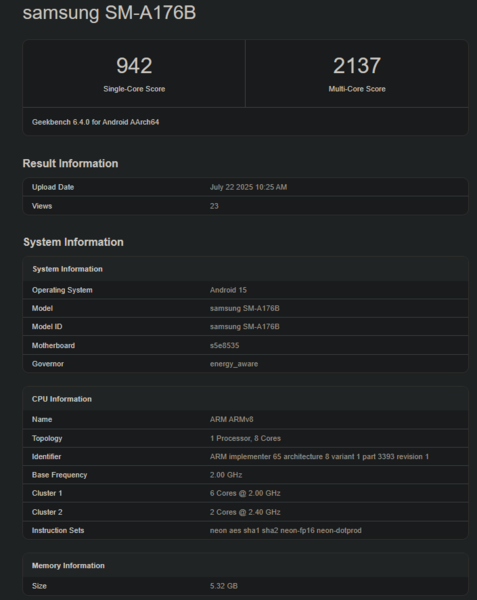 Galaxy A17 Geekbench 列表（图片来源：Geekbench）