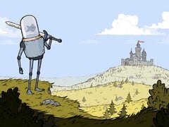 游戏《Feudal Alloy》中的图片,显示一名头戴水族箱的骑士,背景是一座城堡。(图片来源:Steam)