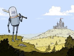游戏《Feudal Alloy》中的图片,显示一名头戴水族箱的骑士,背景是一座城堡。(图片来源:Steam)