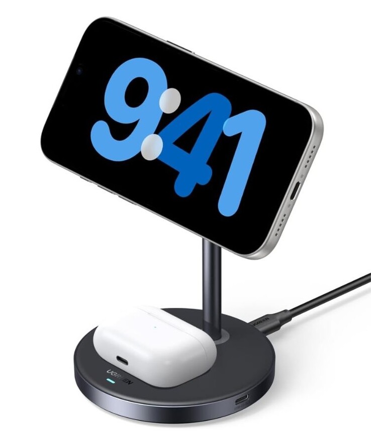 新款 Ugreen Zapix Qi2 15W 二合一无线充电器的图片。